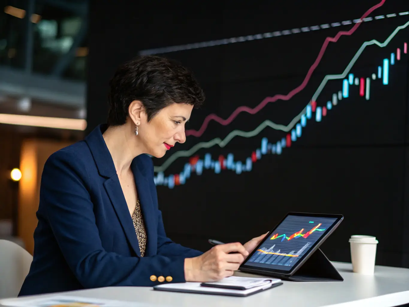 An image showing a person analyzing financial data on a tablet, with charts and graphs displayed, in a modern office setting. The image should convey a sense of informed decision-making and financial expertise.