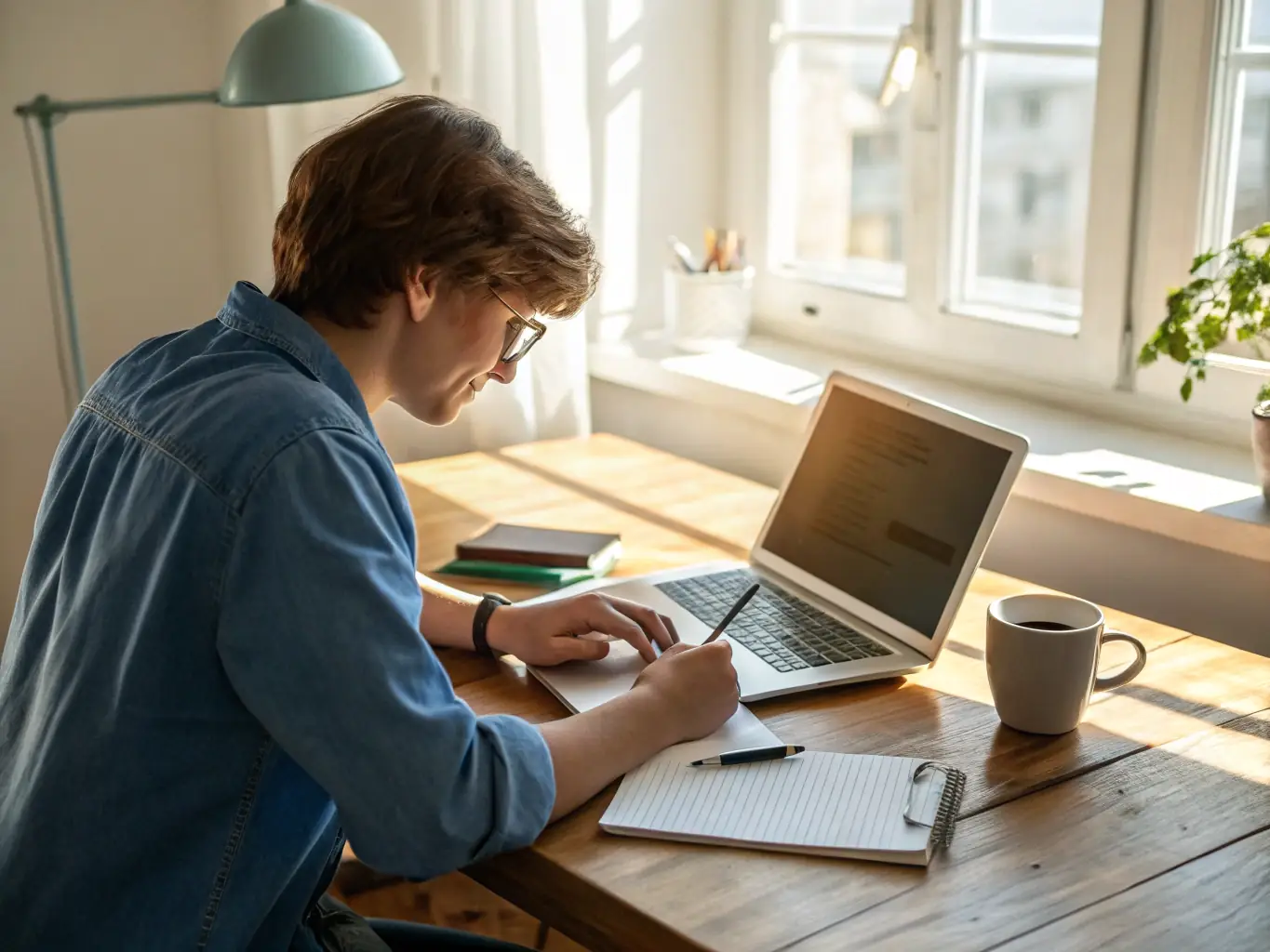 A person sitting at a desk, reviewing a budget spreadsheet on a laptop, with a cup of coffee and a calculator nearby, symbolizing careful financial planning.